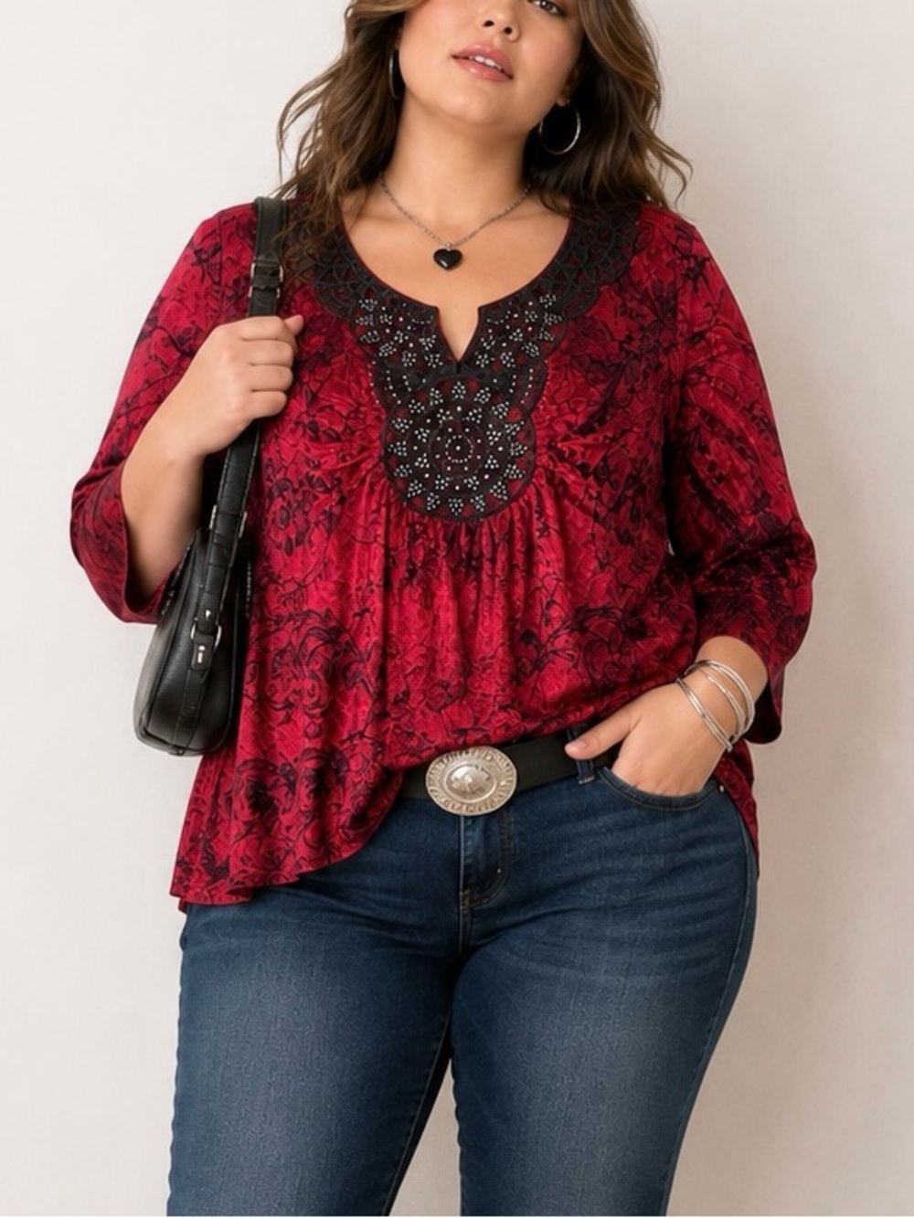 ONE WORLD Y2K Velour Tunic 1X  Red Beaded Top Whimsigoth Western Boho Festival
